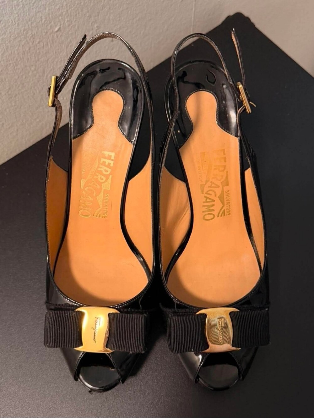 Salvatore Ferragamo Black Patent Vara Bow Slingback Peep-Toe Mules